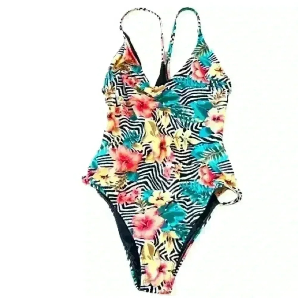REVAMPED FLORAL GREEN YELLOW ONE PIECE CRISS CROSS OPEN SIDES SWIMSUIT SIZE M